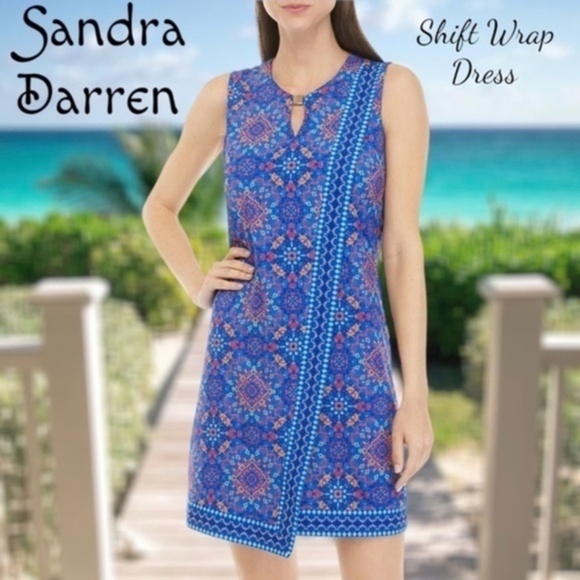 Sandra Darren Vibrantly Printed Sleeveless Faux Wrap Shift Dress/Xl Nwt